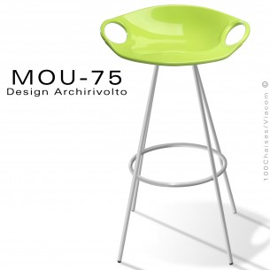 Tabouret design pour bar MOU, assise hauteur 75 cm., coque plastique verte, piétement acier peinture argent-gris.