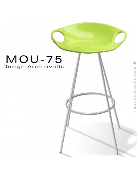 Tabouret design pour bar MOU, assise hauteur 75 cm., coque plastique verte, piétement acier peinture argent-gris.