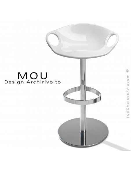 Tabouret design MOU, pour bar, piétement hauteur fixe, assise coque plastique couleur blanche fixe.