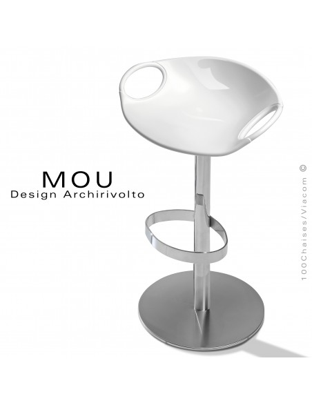 Tabouret design MOU, pour bar, assise coque plastique fixe blanche, piétement sur colonne centrale hauteur fixe.