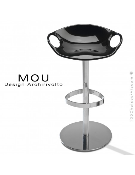 Tabouret design MOU, pour bar, assise coque plastique fixe noir, piétement sur colonne centrale hauteur fixe.