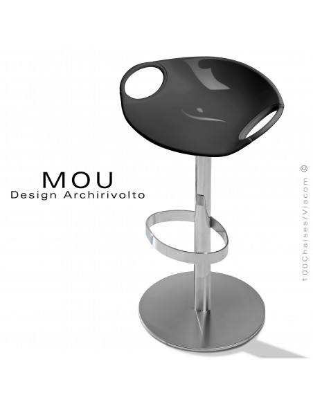 Tabouret design MOU, pour bar, assise coque plastique fixe noir, piétement sur colonne centrale hauteur fixe.