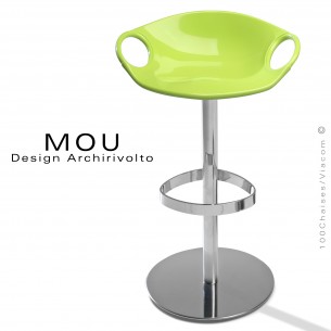 Tabouret design MOU, pour bar, assise coque plastique fixe verte, piétement sur colonne centrale hauteur fixe.