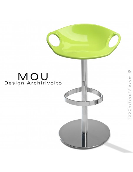 Tabouret design MOU, pour bar, assise coque plastique fixe verte, piétement sur colonne centrale hauteur fixe.