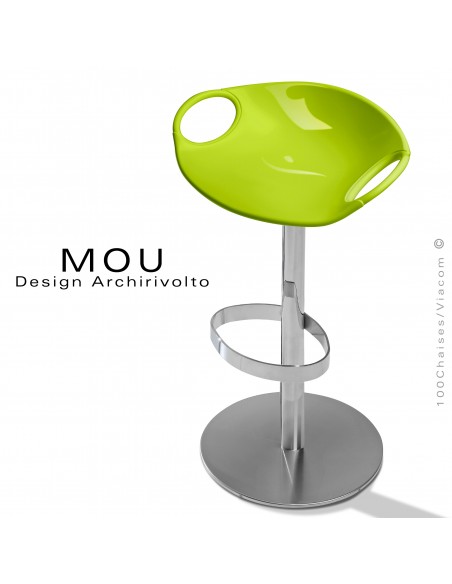 Tabouret design MOU, pour bar, assise coque plastique fixe verte, piétement sur colonne centrale hauteur fixe.