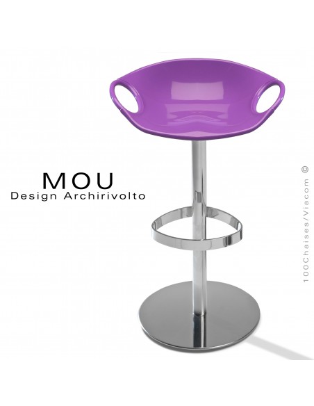 Tabouret design MOU, pour bar, assise coque plastique fixe violet, piétement sur colonne centrale hauteur fixe.