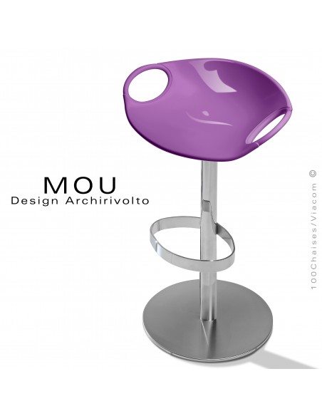 Tabouret design MOU, pour bar, assise coque plastique fixe violet, piétement sur colonne centrale hauteur fixe.