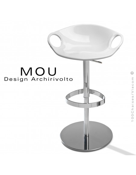 Tabouret design MOU, pour bar ou cuisine, assise coque pivotante à 360° blanche, piétement acier chromé sur vérin à gaz.