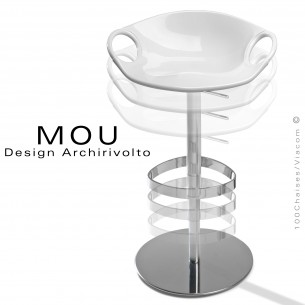 Tabouret design MOU, pour bar ou cuisine, assise coque pivotante à 360° blanche, piétement acier chromé sur vérin à gaz.