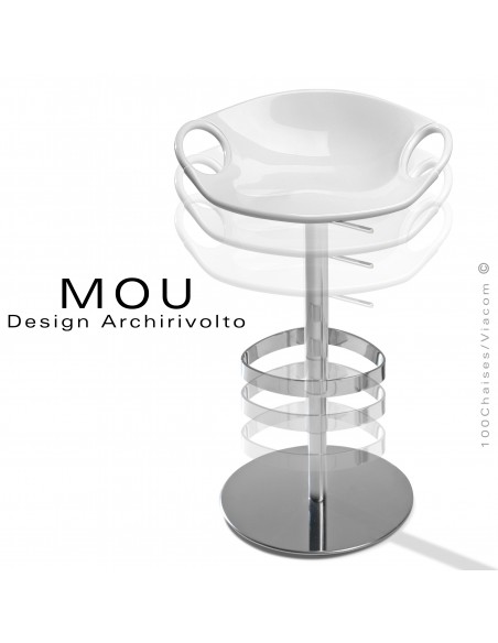 Tabouret design MOU, pour bar ou cuisine, assise coque pivotante à 360° blanche, piétement acier chromé sur vérin à gaz.