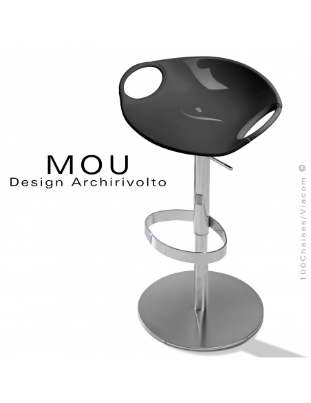 Tabouret design MOU, pour bar ou cuisine, assise coque pivotante à 360° noir, piétement acier chromé sur vérin à gaz.