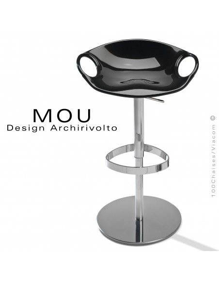 Tabouret design MOU, pour bar ou cuisine, assise coque pivotante à 360° noir, piétement acier chromé sur vérin à gaz.