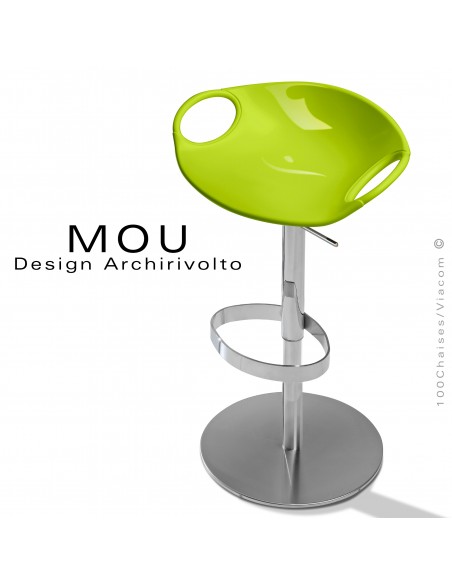 Tabouret design MOU, pour bar ou cuisine, assise coque pivotante à 360° vert, piétement acier chromé sur vérin à gaz.