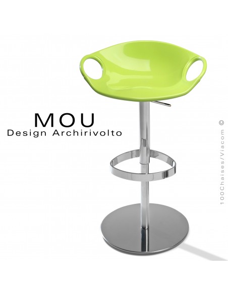 Tabouret design MOU, pour bar ou cuisine, assise coque pivotante à 360° vert, piétement acier chromé sur vérin à gaz.
