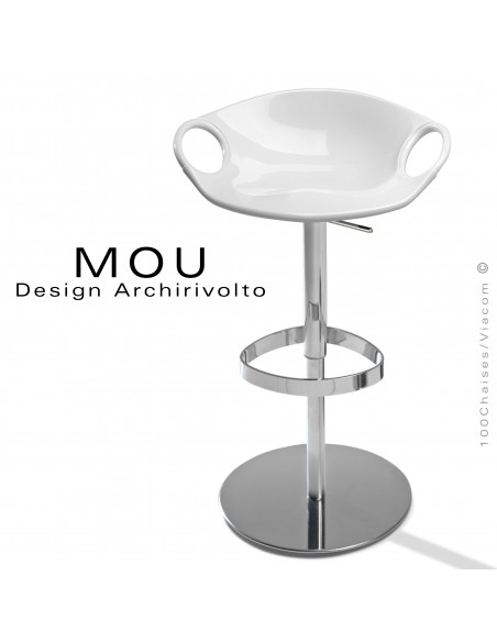 Tabouret design MOU, pour bar ou cuisine , assise coque plastique blanche, piétement acier chromé sur vérin.