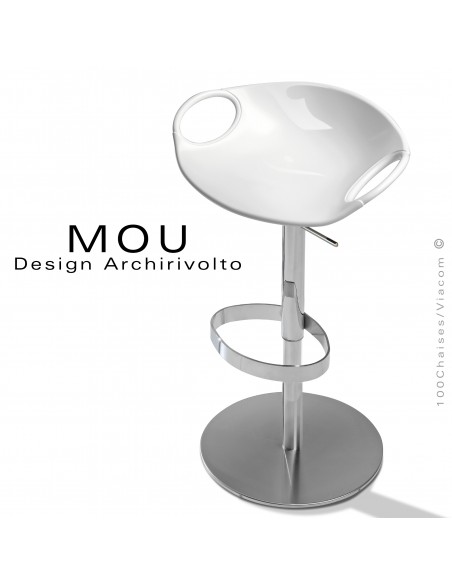 Tabouret design MOU, pour bar ou cuisine , assise coque plastique blanche, piétement acier chromé sur vérin.