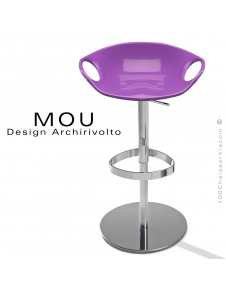 Tabouret design MOU, pour bar ou cuisine , assise coque plastique violet, piétement acier chromé sur vérin.