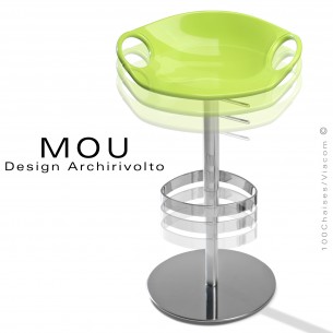 Tabouret design MOU, pour bar ou cuisine , assise coque plastique vert, piétement acier chromé sur vérin.