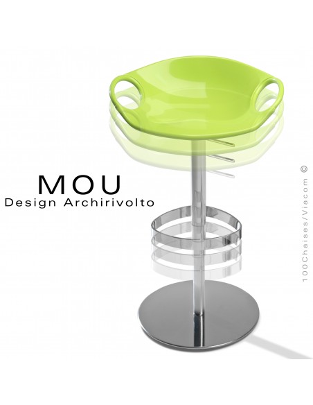 Tabouret design MOU, pour bar ou cuisine , assise coque plastique vert, piétement acier chromé sur vérin.