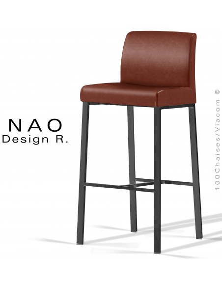 Tabouret de bar design NAO, piétement peinture polyester noir, assise cuir synthétique pour collectivité couleur Châtaigne.