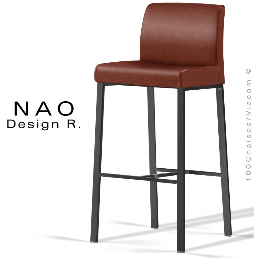 Tabouret de bar design NAO, piétement peinture polyester noir, assise cuir synthétique pour collectivité couleur Châtaigne.