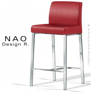 Tabouret de cuisine design NAO, piétement chromé brillant assise et dossier cuir gamme Gingko, couleur groseille.