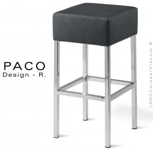 Tabouret de cuisine PACO, piétement et repose pieds en tube d'acier chromé brillant, assise garnie habillage cuir anthracite.