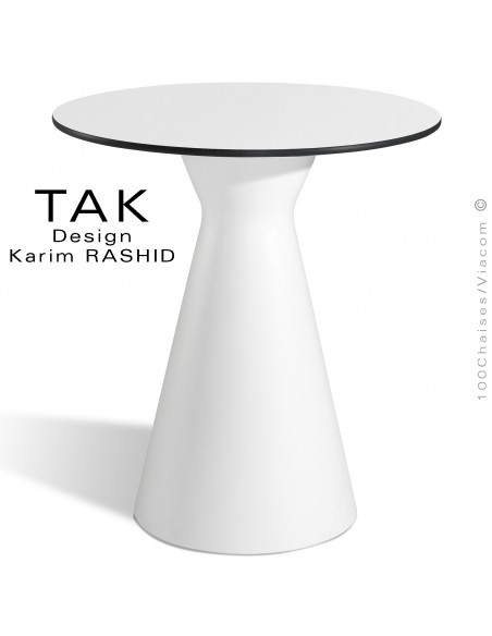 Table design TAK, piétement conique plastique noir ou blanc, plateau compact, couleur noir ou blanc.