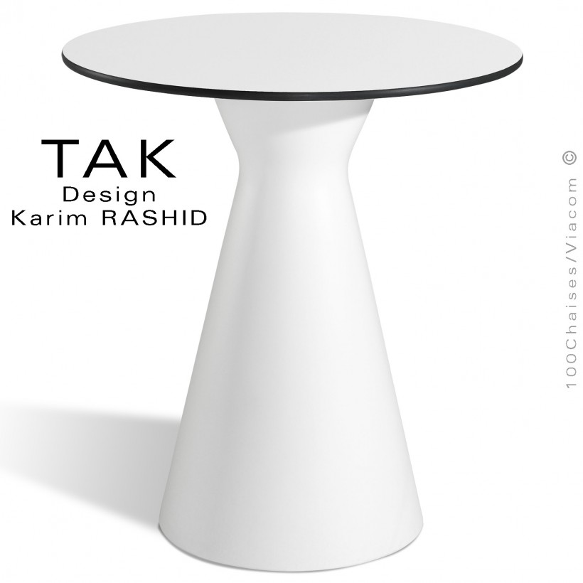 Table design TAK, piétement conique plastique noir ou blanc, plateau compact, couleur noir ou blanc.