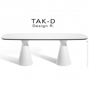 Table ou bureau TAK-D, double piétement conique plastique noir ou blanc, plateau ovoïde Compact blanc ou noir chant noir.