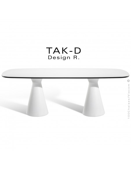 Table ou bureau TAK-D, double piétement conique plastique noir ou blanc, plateau ovoïde Compact blanc ou noir chant noir.