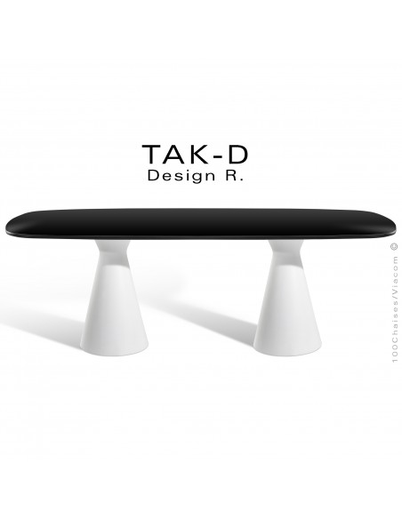 Table ou bureau TAK-D, double piétement conique plastique blanc, plateau ovoïde Compact noir chant noir.