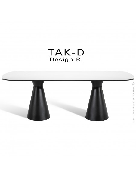 Table ou bureau TAK-D, double piétement conique plastique noir, plateau ovoïde Compact blanc chant noir.