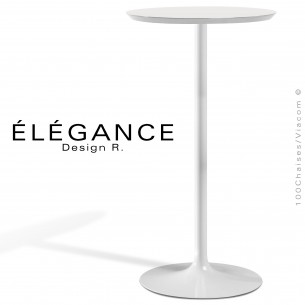 Table haute ou mange debout design, piétement acier tourné chromé brillant ou peint, plateau MDF stratifié.