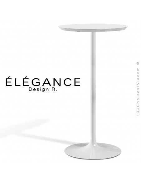 Table haute ou mange debout design, piétement acier tourné chromé brillant ou peint, plateau MDF stratifié.