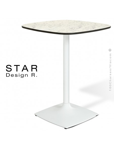 Table design STAR, pour café, hôtel, restaurant, snack, piétement peint blanc, plateau Compact aspect marbre blanc.