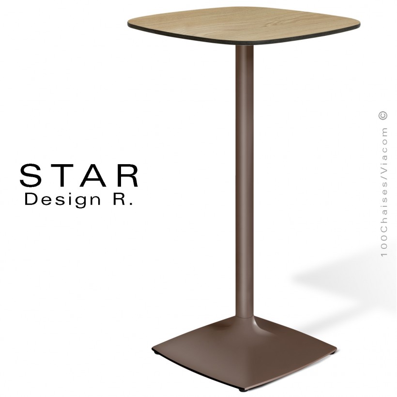 Table mange debout design STAR, pour C.H.R., snack, piétement acier peint,  plateau compact couleur pour extérieur.