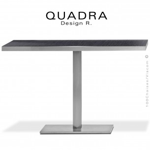 Table repas pour CHR, QUADRA, piétement inox brossé, plateau rectangulaire stratifié Banian-Noirci, chant plateau inox brossé.