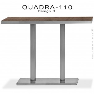 Grande table haute ou mange debout QUADRA, 6 à 8 personnes. Double colonne centrale inox ou chromé, plateau HPL.