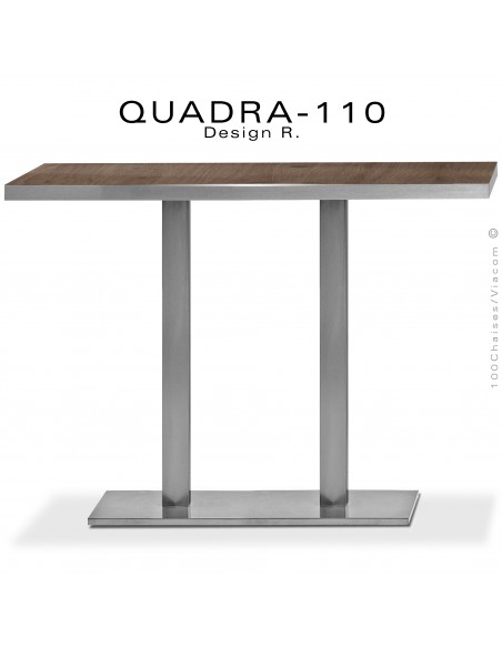 Grande table haute ou mange debout QUADRA, 6 à 8 personnes. Double colonne centrale inox ou chromé, plateau HPL.