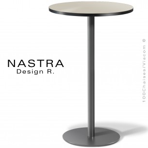 Table haute ou mange debout NASTRA, piétement peint, plateau rond stratifié chant PVC noir.