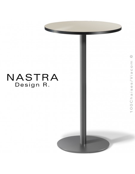 Table haute ou mange debout NASTRA, piétement peint, plateau rond stratifié chant PVC noir.