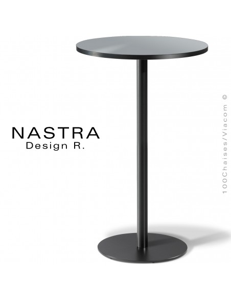 Table haute ou mange debout NASTRA, piétement peint, plateau rond stratifié chant PVC noir.