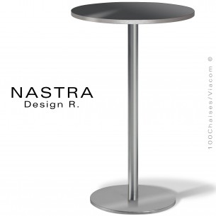 Table haute ou mange debout NASTRA, piétement chromé brillant ou inox, plateau rond Ø60, 70 cm., stratifié couleur unie.