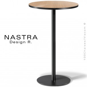 Table haute ou mange debout NASTRA, piétement peinture polyester, plateau Ø60 et 70 cm., stratifié matière ou aspect bois.