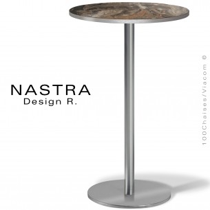 Table haute ou mange debout NASTRA, piétement chromé brillant ou inox poli et brossé, plateau rond stratifié.