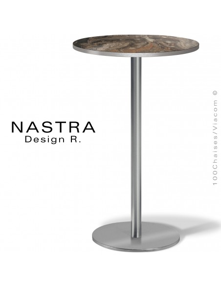 Table haute ou mange debout NASTRA, piétement chromé brillant ou inox poli et brossé, plateau rond stratifié.
