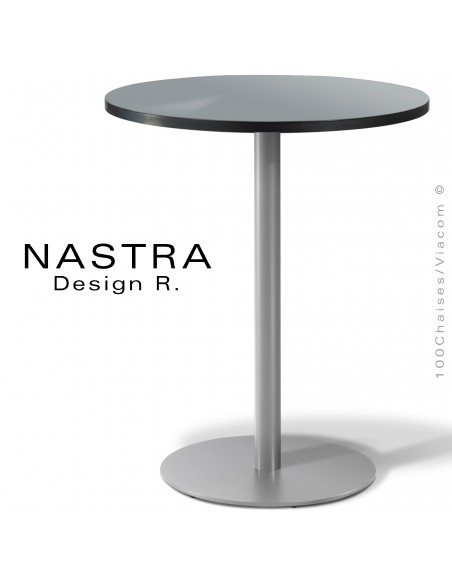 Table repas pour café hôtel restaurant NASTRA, piétement colonne centrale acier peint, plateau rond stratifié, chant PVC noir.