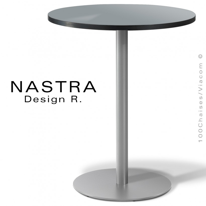 Table repas pour café hôtel restaurant NASTRA, piétement colonne centrale acier peint, plateau rond stratifié, chant PVC noir.