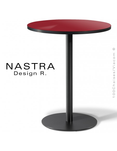 Table repas pour café hôtel restaurant NASTRA, piétement colonne centrale acier peint, plateau rond stratifié, chant PVC noir.